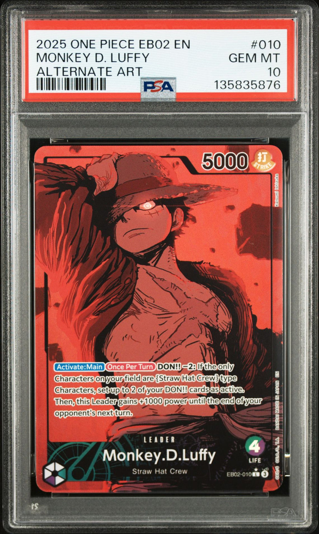 Monkey D. Luffy Leader EB02-010 Alt Art – Anime 25th Collection (English) – PSA 10 – PSA cert 135835876 front